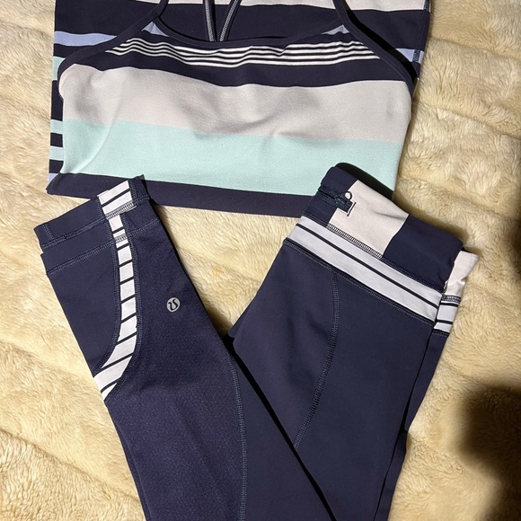 Lululemon Run Inspire Crop 6 navy blue White Striped Legging Capri.S-4:top S-8 - Picture 3 of 8